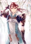  ahoge cherry_blossoms fire_emblem fire_emblem_if gloves haru_(nakajou-28) long_hair male_focus polearm ponytail red_eyes red_hair solo spear tsubaki_(fire_emblem_if) weapon 