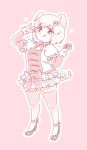  :q animal_ears chocolate commentary eyebrows_visible_through_hair food full_body gloves hair_ornament heart high_heels highres holding kemono_friends limited_palette looking_at_viewer mitsumoto_jouji neck_ribbon outline pig_(kemono_friends) pig_ears pig_tail pink pink_background puffy_short_sleeves puffy_sleeves ribbon short_hair short_sleeves simple_background smile solo tail thighhighs tongue tongue_out truffle white_gloves white_outline zettai_ryouiki 