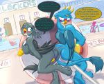  aged_up anthro avian ball beach_ball blush breasts butt covering covering_breasts covering_crotch exhibitionism female friendship_is_magic frist44 gabby_(mlp) gallus_(mlp) gryphon male my_little_pony nervous nude public_nudity streaking swimming_pool tail_between_legs 
