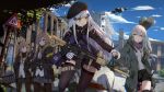  4girls aircraft assault_rifle beret blue_sky brown_hair city commentary g11_(girls_frontline) girls_frontline gloves goggles goggles_around_neck grey_hair gun h&amp;k_ump hat heckler_&amp;_koch highres hk416 hk416_(girls_frontline) holding_hands hood hooded_jacket jacket marcellokito! multiple_girls rifle ruins scar scar_across_eye silver_hair sky submachine_gun suppressor ump45_(girls_frontline) ump9_(girls_frontline) weapon 