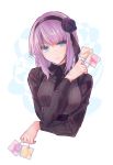  black_flower black_hairband black_neckwear black_ribbon black_rose black_sweater blue_eyes candy cropped_torso dagashi_kashi flower food hair_flower hair_ornament hair_ribbon hairband head_tilt holding lollipop long_hair long_sleeves looking_at_viewer necktie nurumi_p purple_hair ribbed_sweater ribbon rose shidare_hotaru shiny shiny_hair solo sweater white_background 