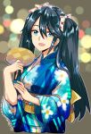  :d alternate_costume blue_eyes blue_hair blue_kimono blurry bokeh commentary cropped_torso depth_of_field eyebrows_visible_through_hair fan hair_between_eyes hair_over_shoulder hair_ribbon holding holding_fan isuzu_(kantai_collection) japanese_clothes kantai_collection kimono long_hair long_sleeves looking_at_viewer obi open_mouth paper_fan ribbon sagamiso sash smile solo twintails twitter_username uchiwa white_ribbon wide_sleeves yellow_sash 