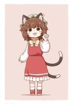  :3 @_@ animal_ears bow bowtie brown_hair cat_ears cat_tail chen earrings eyebrows_visible_through_hair full_body green_hat hand_up hat jewelry long_sleeves looking_at_viewer mob_cap multiple_tails nekomata poronegi red_footwear red_skirt red_vest shirt shoes skirt smile socks solo tail touhou two_tails vest white_legwear white_neckwear white_shirt 