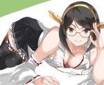  1girl absurdres adjusting_eyewear black_hair boots breasts burai_yuuki closed_mouth commentary detached_sleeves glasses green-framed_eyewear highres japanese_clothes kantai_collection kirishima_(kantai_collection) large_breasts nontraditional_miko ribbon-trimmed_sleeves ribbon_trim short_hair simple_background skirt smile solo thigh_boots thighhighs white_background 