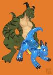  2018 3_toes all_fours animate_inanimate anthro ass_up blue_skin butt claws deusexmoose dragon duo erection green_scales grin hi_res horn inflatable living_inflatable lizard looking_back male male/male mech_(mechedragon) muscular muscular_male nipples orange_background orange_eyes penis pool_toy reptile rubber scales scalie sex sharp_teeth simple_background size_difference smile tan_scales teeth toes translucent yellow_eyes zenith 