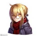  ahoge artist_name artoria_pendragon_(all) black_jacket black_ribbon blacktheif blonde_hair braided_bun cropped_torso eyebrows_visible_through_hair fate/grand_order fate_(series) glasses hair_between_eyes hair_ribbon highres jacket looking_at_viewer mysterious_heroine_x_(alter) open_clothes open_jacket red_scarf ribbon scarf semi-rimless_eyewear sidelocks simple_background solo tied_hair under-rim_eyewear upper_body white_background yellow_eyes 