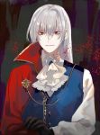  :| black_gloves blue_vest cape character_request closed_mouth copyright_request cravat gloves kyouichi long_hair long_sleeves looking_at_viewer male_focus pale_skin red_cape red_eyes solo vest white_hair white_neckwear 