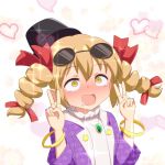  :d ahegao black_hat blonde_hair blush bracelet cato_(monocatienus) commentary double_v drill_hair drooling eyebrows_visible_through_hair eyewear_on_head hair_between_eyes hair_ribbon hat heart jewelry long_hair necklace nose_blush open_mouth pendant red_ribbon ribbon ring rolling_eyes round_eyewear smile solo sunglasses tears top_hat touhou twin_drills unmoving_pattern upper_body v yellow_eyes yorigami_jo'on 