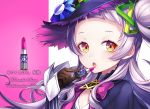  character_name commentary_request crop_top gloves hair_ornament hat highres hololive lavender_hair lipstick long_hair looking_at_viewer makeup murasaki_shion open_mouth portrait ribbon ringozaka_mariko solo virtual_youtuber witch_hat yellow_eyes 