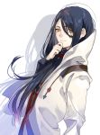  androgynous arm_at_side black_hair brown_eyes fate/prototype fate/prototype:_fragments_of_blue_and_silver fate_(series) hand_up hood kyouichi long_hair original paracelsus_(fate) shadow upper_body white_background 