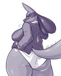  big_breasts big_butt breasts butt clothing day-t female looking_at_viewer looking_back lucario monochrome nintendo panties pok&eacute;mon pok&eacute;mon_(species) simple_background slightly_chubby thick_thighs underwear video_games voluptuous wide_hips 