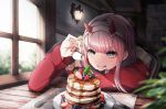  :q absurdres bangs darling_in_the_franxx day dust_particles food fork green_eyes hairband highres holding huge_filesize indoors jacket lliftt long_hair long_sleeves pancake pink_hair red_jacket shiny shiny_hair sitting smile solo tongue tongue_out upper_body white_hairband window zero_two_(darling_in_the_franxx) 