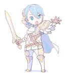  absurdres alfonse_(fire_emblem) armor belt blue_eyes blue_hair boots breastplate cape chibi fire_emblem fire_emblem_heroes full_body hair_between_eyes hair_ornament highres holding holding_sword holding_weapon male_focus metal_boots nagisa_kurousagi open_mouth pants shield simple_background solo standing sword weapon white_background white_cape white_footwear 