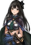  black_cape black_hair blue_gloves breastplate cape gloves granblue_fantasy green_eyes green_neckwear hair_ornament idolmaster idolmaster_cinderella_girls infukun long_hair looking_to_the_side midriff necktie open_mouth shibuya_rin simple_background solo stomach sword very_long_hair weapon white_background 