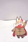  1girl fox furry open_mouth red_eyes rntn_wkwk scarf smile snow snowing solo waving winter_clothes 