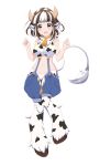  :d animal_ears animal_print asahina_kokomi ass_visible_through_thighs bangs bare_arms bare_shoulders battle_girl_high_school bell bell_collar blue_eyes blunt_bangs braid breasts brown_hair collar commentary cow_ears cow_girl cow_horns cow_print cow_tail eyebrows_visible_through_hair full_body fur fur_collar hands_up highres holstaurus hooves horns large_breasts lee_xianshang long_hair looking_at_viewer monster_girl monster_girl_encyclopedia monsterification multicolored_hair navel o-ring open_mouth simple_background smile solo stomach streaked_hair suspenders tail thigh_gap two_side_up white_background white_hair 
