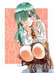  blush bow bowtie brown_jacket brown_legwear buttons chin_rest closed_eyes clothes_around_waist collared_shirt commentary eyebrows_visible_through_hair full_body green_eyes green_hair hair_between_eyes hair_ornament hair_over_shoulder hairclip jacket jacket_around_waist kantai_collection kneehighs loafers long_hair long_sleeves looking_at_viewer one_eye_closed orange_neckwear pleated_skirt sagamiso shadow shirt shoes signature sitting skirt smile solo squatting suzuya_(kantai_collection) white_shirt 