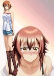  absurdres bare_shoulders blush boots brown_hair chooper commentary_request embarrassed grand_blue highres huge_filesize kotegawa_chisa short_hair thigh_boots thighhighs yellow_eyes 