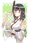  black_hair blush breasts commentary cropped_torso dessert detached_sleeves eating epaulettes eyebrows_visible_through_hair food fork hair_between_eyes hair_ornament holding holding_fork holding_plate japanese_clothes kantai_collection kimono long_sleeves looking_at_viewer medium_hair nontraditional_miko obi plate red_eyes red_ribbon ribbon ribbon-trimmed_sleeves ribbon_trim sagamiso sash white_kimono wide_sleeves yamashiro_(kantai_collection) 