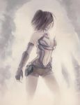  2016 blurry blurry_background breasts breasts_apart center_opening choker commentary cross_(xenoblade_x) elbow_gloves fingerless_gloves fog gloves highres lilithcosa medium_breasts muted_color navel short_shorts shorts solo underboob xenoblade_(series) xenoblade_chronicles_x 