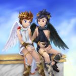  2018 angel balls blue_eyes brown_hair clothed clothing comparing comparing_penis dark_pit day detailed_background digital_media_(artwork) duo feathered_wings feathers foreskin glans hair hi_res holding_penis humanoid humanoid_penis kid_icarus long_foreskin male male/male nintendo not_furry nuggets outside peeing penis penis_envy pit_(kid_icarus) red_eyes retracted_foreskin sitting sky smile uncut urine video_games wings young 