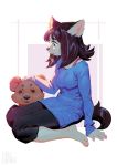  1girl blue_eyes brown_hair dog furry inuki_(aruurara) smile solo stuffed_animal stuffed_toy teddy_bear 