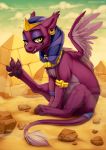  2018 absurd_res cloud digital_media_(artwork) ear_piercing feathered_wings feathers feral friendship_is_magic hi_res looking_at_viewer my_little_pony outside paws piercing pyramids solo sphinx sphinx_(mlp) wings zazush-una 