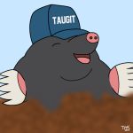  2018 5_fingers baseball_cap blue_background bust_portrait claws dirt eulipotyphlan eyes_closed feral fur grey_fur happy hat male mammal mole open_mouth open_smile pink_nose pink_skin pink_tongue portrait quadruped simple_background slightly_chubby smile solo taugit text thehuskyk9_(artist) tongue 