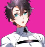  blue_eyes brown_hair chaldea_uniform collared_jacket eyebrows_visible_through_hair fate/grand_order fate_(series) fujimaru_ritsuka_(male) hair_between_eyes heart heart-shaped_pupils jacket looking_at_viewer male_focus pink_background simple_background solo symbol-shaped_pupils tenobe upper_body white_jacket wing_collar 