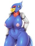  &lt;3 2018 anthro areola avian beak big_breasts bird blue_eyes blue_feathers bottomless breasts clothed clothing crossgender digital_media_(artwork) eyelashes falco_lombardi feathers female hand_on_hip hi_res huge_breasts looking_at_viewer mleonheart navel nintendo nipples non-mammal_breasts open_beak open_mouth pussy simple_background solo star_fox thick_thighs video_games voluptuous white_background wide_hips yellow_beak 