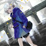  :d androgynous bag black_short blue_coat blue_eyes bridge dutch_angle hand_in_pocket handbag hood hood_down kyouichi looking_at_viewer male_focus open_mouth original outdoors short_shorts shorts smile standing transparent transparent_umbrella umbrella white_hair 