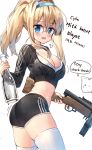  adidas ass bangs black_jacket black_shorts blonde_hair blue_eyes blue_hairband blush bottle breasts cleavage commentary_request cropped_jacket eyebrows_visible_through_hair girls_frontline gun hair_between_eyes hair_ornament hairband highres holding holding_bottle holding_gun holding_weapon jacket long_hair medium_breasts meme object_namesake partially_translated profanity russian short_shorts shorts skindentation snowflake_hair_ornament solo submachine_gun suomi_kp/-31 suomi_kp31_(girls_frontline) tandohark thighhighs translation_request transparent twintails weapon white_legwear 