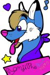  2017 anthro badge bandanna beard_(marking) benji_blue benjithatfoxguy biped blonde_hair blue_fur canine chest_tuft dashfuzzietail digital_media_(artwork) fox fur hair happy male mammal markings open_mouth pink_nose simple_background smile solo text tongue tongue_out tuft white_background 