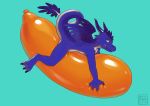  2018 3_toes 4_fingers anthro balloon blue_fur bluedergdsch claws cyan_background deusexmoose dragon feathered_wings feathers fur furred_dragon grey_eyes hi_res horn inflatable looking_at_viewer male nude simple_background smile solo toes white_fur wings 