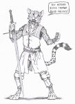  0laffson 2018 5_fingers anthro cheetah digitigrade english_text feline holding_object holding_weapon male mammal open_mouth simple_background sketch solo standing teeth text tongue weapon white_background 
