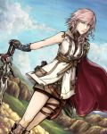  blue_eyes breasts cape cloud final_fantasy final_fantasy_xiii fingerless_gloves gloves hill lightning_farron long_hair looking_at_viewer miniskirt pink_hair skirt solo sword weapon 