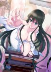  black_hair breasts cleavage commentary_request covered_nipples dress long_hair looking_at_viewer off_shoulder robe rurukichi smile solo television the_ring through_screen very_long_hair white_dress yamamura_sadako 