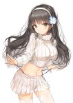  bangs black_hair blush breasts casual closed_mouth clothes_lift commentary_request contrapposto cowboy_shot eyebrows_visible_through_hair flower girls_frontline groin hair_flower hair_ornament hairband highres large_breasts lee_seok_ho long_hair looking_at_viewer midriff navel panty_tug pleated_skirt qbz-95_(girls_frontline) ribbed_sweater sidelocks simple_background skirt smile solo standing stomach sweater sweater_lift thighhighs turtleneck turtleneck_sweater very_long_hair white_background white_hairband white_legwear white_skirt white_sweater yellow_eyes zettai_ryouiki 