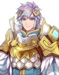  2900cm armor blue_eyes fire_emblem fire_emblem_heroes high_collar hrid_(fire_emblem_heroes) looking_at_viewer pauldrons portrait purple_hair simple_background smile solo white_background 