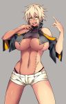  1girl blonde_hair breasts camui_kamui dark_skin huge_breasts jacket open_clothes open_jacket scar scar_across_eye short_shorts shorts solo stitches tongue underboob vecky_(camui_kamui) yellow_eyes 