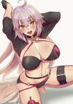  1girl absurdres ahoge belt bikini black_bikini black_gloves blush breasts cleavage fate/grand_order fate_(series) gloves grey_hair highres jeanne_d&#039;arc_(alter_swimsuit_berserker) jeanne_d&#039;arc_(fate)_(all) kujuu_shikuro long_hair looking_at_viewer navel solo squatting swimsuit teeth thigh_strap tiptoes very_long_hair yellow_eyes 