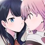  bangs black_hair blue_eyes blush bow bowtie close-up collared_shirt commentary_request face-to-face finger_to_another's_mouth long_hair looking_at_another multiple_girls niina_ryou pink_hair red_eyes red_neckwear shinjou_akane shirt short_hair ssss.gridman takarada_rikka yuri 