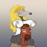  adamios_(character) anteater antlers blonde_hair boob_hat breast_rest breasts brolaren_(artist) cervine duo eyewear female glasses hair horn looking_up male male/female mammal moose nipples 