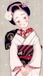  black_hair grey_background head_tilt japanese_clothes kimono makita_haruka nihongami obi original sash simple_background white_kimono 