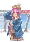  absurdres breasts dated eyebrows_visible_through_hair fate/grand_order fate_(series) glasses hair_over_one_eye highres jacket large_breasts mash_kyrielight pink_hair ribbed_sweater shiroi_ume short_hair signature smile snow solo sweater 