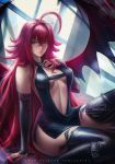  1girl axsens blue_eyes breasts cleavage dress high_school_dxd large_breasts long_hair looking_at_viewer nail_polish ponytail red_hair rias_gremory solo thighhighs very_long_hair watermark wings 