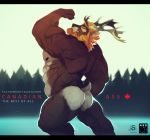  2016 abs anthro antlers biceps big_butt big_muscles butt canada cervine digital_media_(artwork) facial_hair flexing fur hair hi_res horn looking_at_viewer male mammal muscular muscular_male nipples nude pecs smile smirk solo text tree vetrowolf 