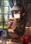  bangs black_hair black_sweater blush breasts brown_eyes closed_mouth commentary_request couch cup curtains cushion eating flower food hair_between_eyes hair_ornament highres large_breasts lighting lolicept long_hair long_sleeves looking_at_viewer mug mug_writing original pizza pointy_ears sitting skull_hair_ornament solo sweater turtleneck turtleneck_sweater window 