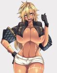  1girl black_gloves blonde_hair bracelet breasts camui_kamui cropped_jacket dark_skin gloves huge_breasts jacket jewelry long_hair necklace open_clothes open_jacket open_mouth scar scar_across_eye short_shorts shorts solo vecky_(camui_kamui) yellow_eyes 