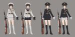  bayonet black_footwear black_gloves black_jacket black_skirt blue_eyes boots bright_pupils brown_hair closed_mouth collared_shirt commentary_request epaulettes genso gloves grey_background grey_gloves grey_jacket grey_shirt grey_skirt gun hat highres jacket knee_boots looking_at_viewer military military_hat military_uniform multiple_views necktie original peaked_cap pleated_skirt pose red_neckwear rifle shirt short_hair simple_background skirt smile uniform weapon white_footwear wing_collar 